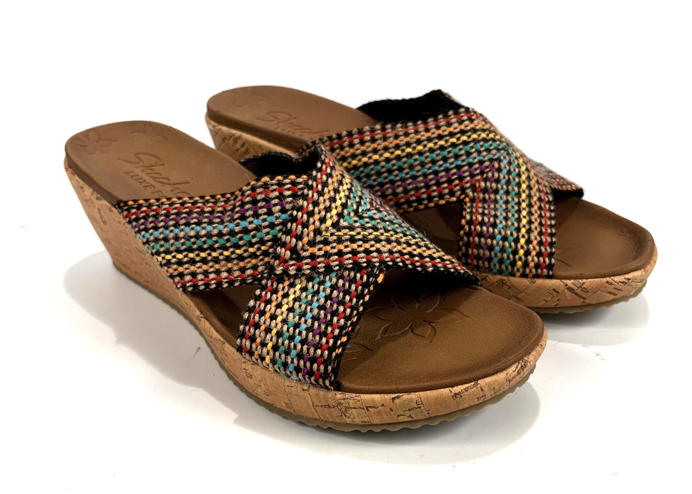 SKETCHERS Beverlee Womens Size 8 Wedge Cross Strap Sandals Shoes Rainbow